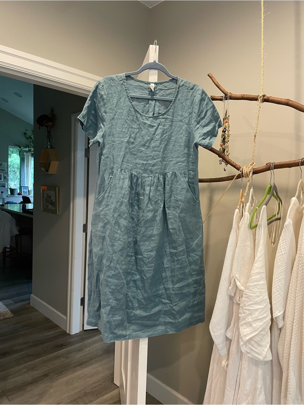 Grae cove Blue Linen Short-Sleeve Smock Dress Small